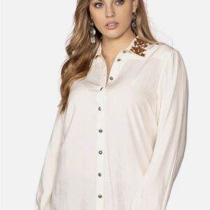 Double D Ranch Cream Button-Down Shirt with Beaded Collar